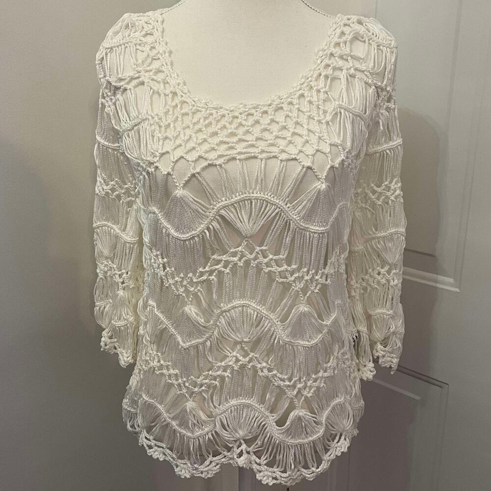 Slonl White Crochet 3/4 Sleeve Beach Top Size Medium